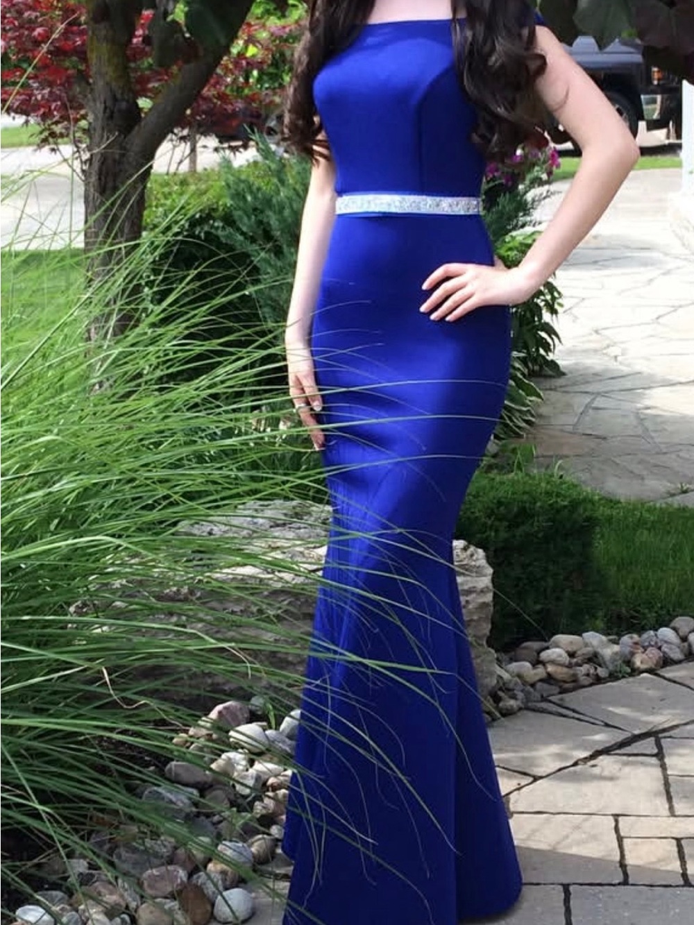Off the Shoulder Royal Blue Dress with Embellished Waist